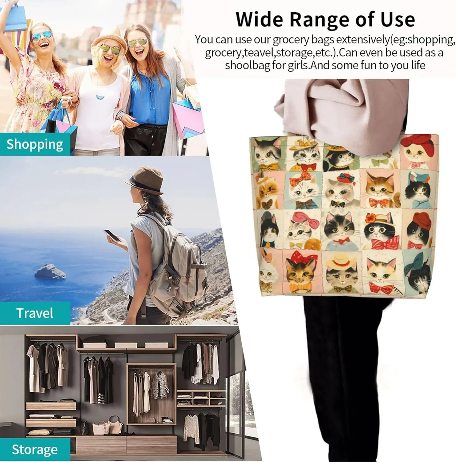 Tote Bag For women Zipper Large Beach Tote Bag Cute Cat Tote Bag Reusable Travel Work Shopping Tote Bag Purse