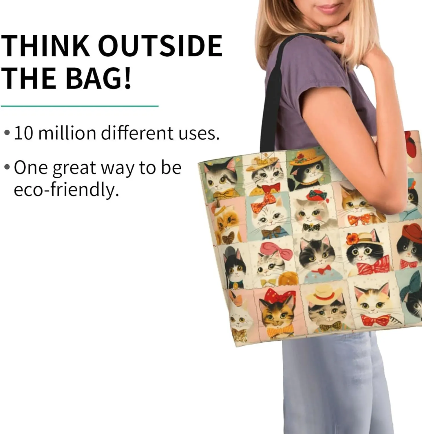 Tote Bag For women Zipper Large Beach Tote Bag Cute Cat Tote Bag Reusable Travel Work Shopping Tote Bag Purse