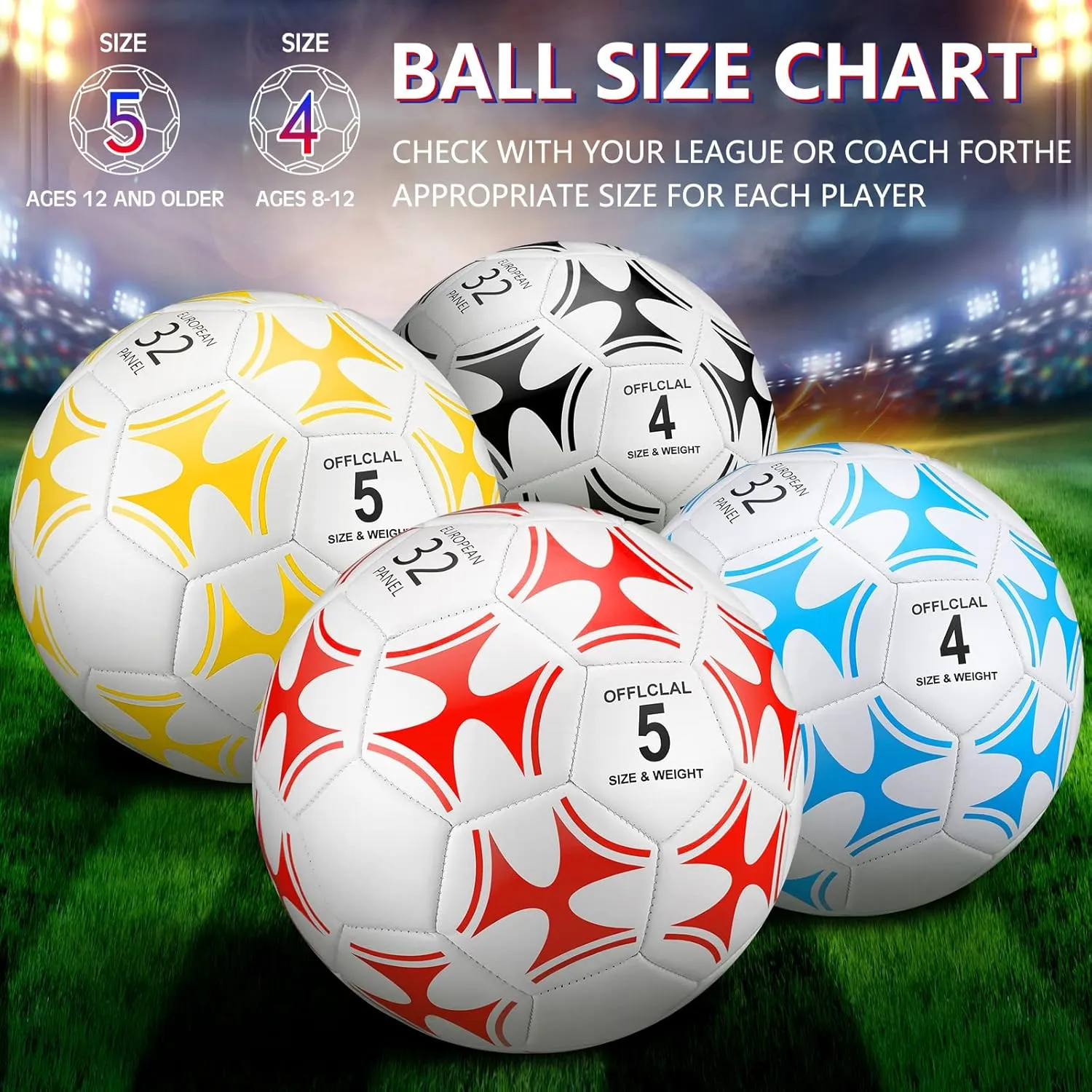 Tradder 4 Pack Soccer Ball with Pump Deflated Soccer Balls Bulk for Outdoor Indoor Game Practice Training Sport Gift for Kids Boys Youth Teens Adult Charity Donation