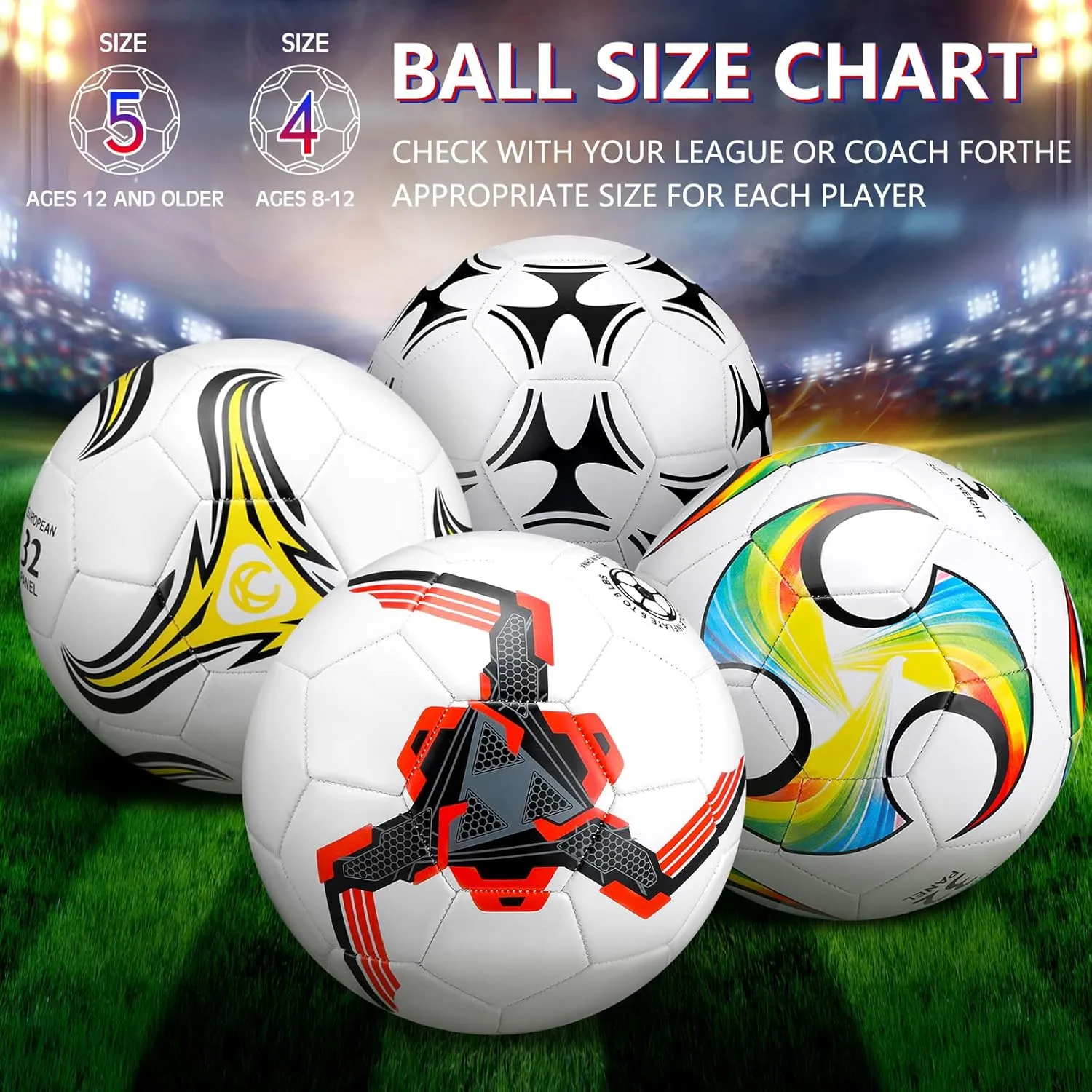 Tradder 4 Pack Soccer Ball with Pump Deflated Soccer Balls Bulk for Outdoor Indoor Game Practice Training Sport Gift for Kids Boys Youth Teens Adult Charity Donation