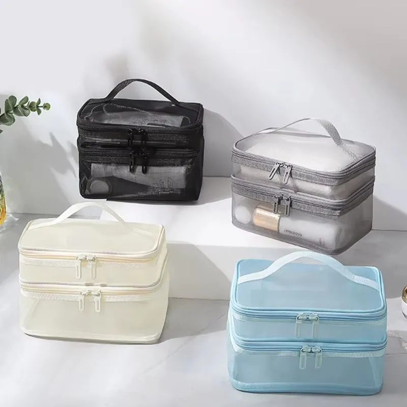 Travel 2 Layers Cosmetic Organizer Bag Transparent Folding Mesh Zipper Storage Pouch Large Capacity Makeup Wash Kit Bag 2024