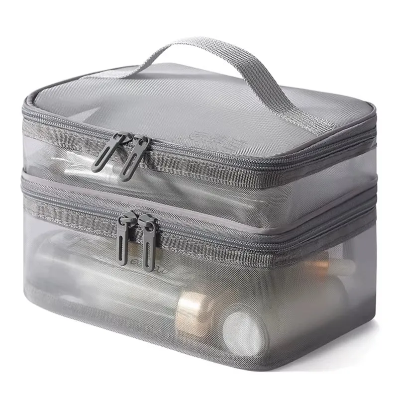 Travel 2 Layers Cosmetic Organizer Bag Transparent Folding Mesh Zipper Storage Pouch Large Capacity Makeup Wash Kit Bag 2024