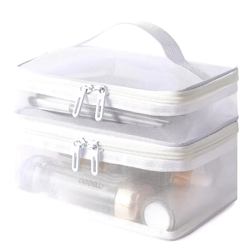 Travel 2 Layers Cosmetic Organizer Bag Transparent Folding Mesh Zipper Storage Pouch Large Capacity Makeup Wash Kit Bag 2024