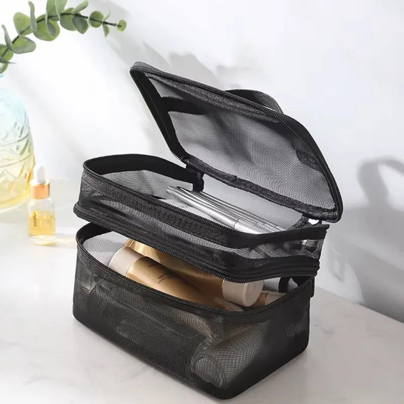 Travel 2 Layers Cosmetic Organizer Bag Transparent Folding Mesh Zipper Storage Pouch Large Capacity Makeup Wash Kit Bag 2024