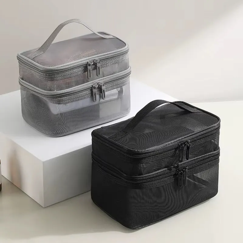 Travel 2 Layers Cosmetic Organizer Bag Transparent Folding Mesh Zipper Storage Pouch Large Capacity Makeup Wash Kit Bag 2024