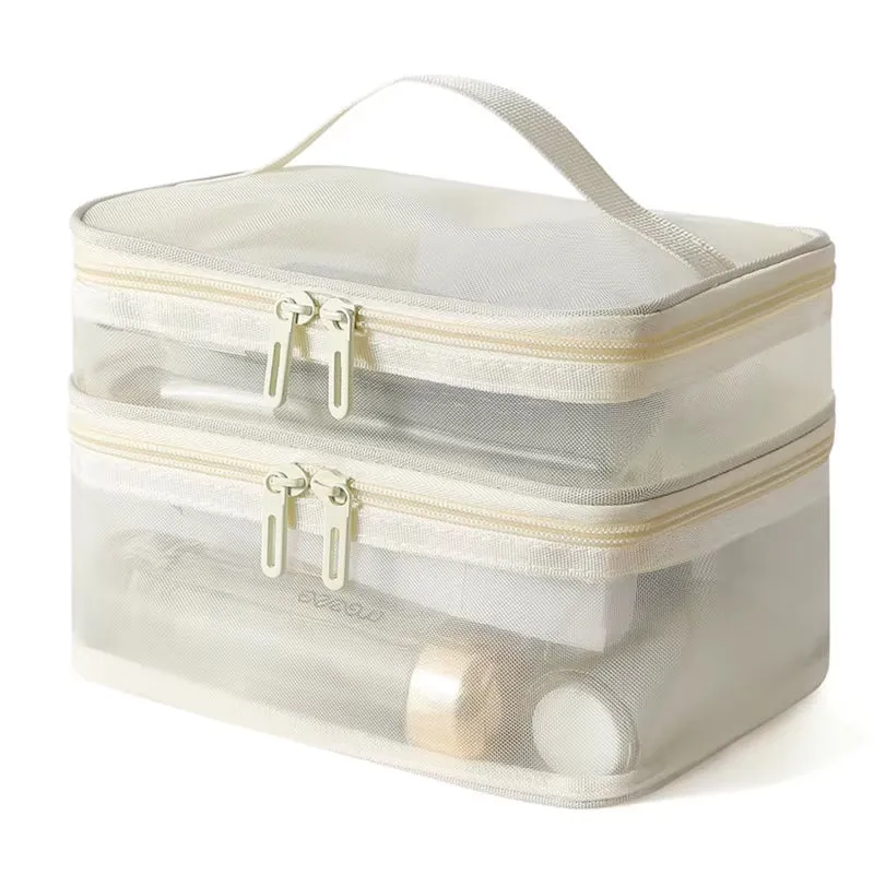 Travel 2 Layers Cosmetic Organizer Bag Transparent Folding Mesh Zipper Storage Pouch Large Capacity Makeup Wash Kit Bag 2024