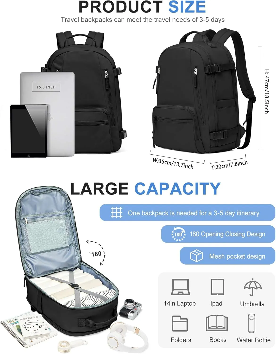 Travel Backpack for Women Men, Carry On Backpack with USB Charging Port & Shoe Pouch, TSA 15.6inch, Flight Approved, College Nurse Bag Casual Laptop Daypack for Weekender Business Hiking,Black 30L
