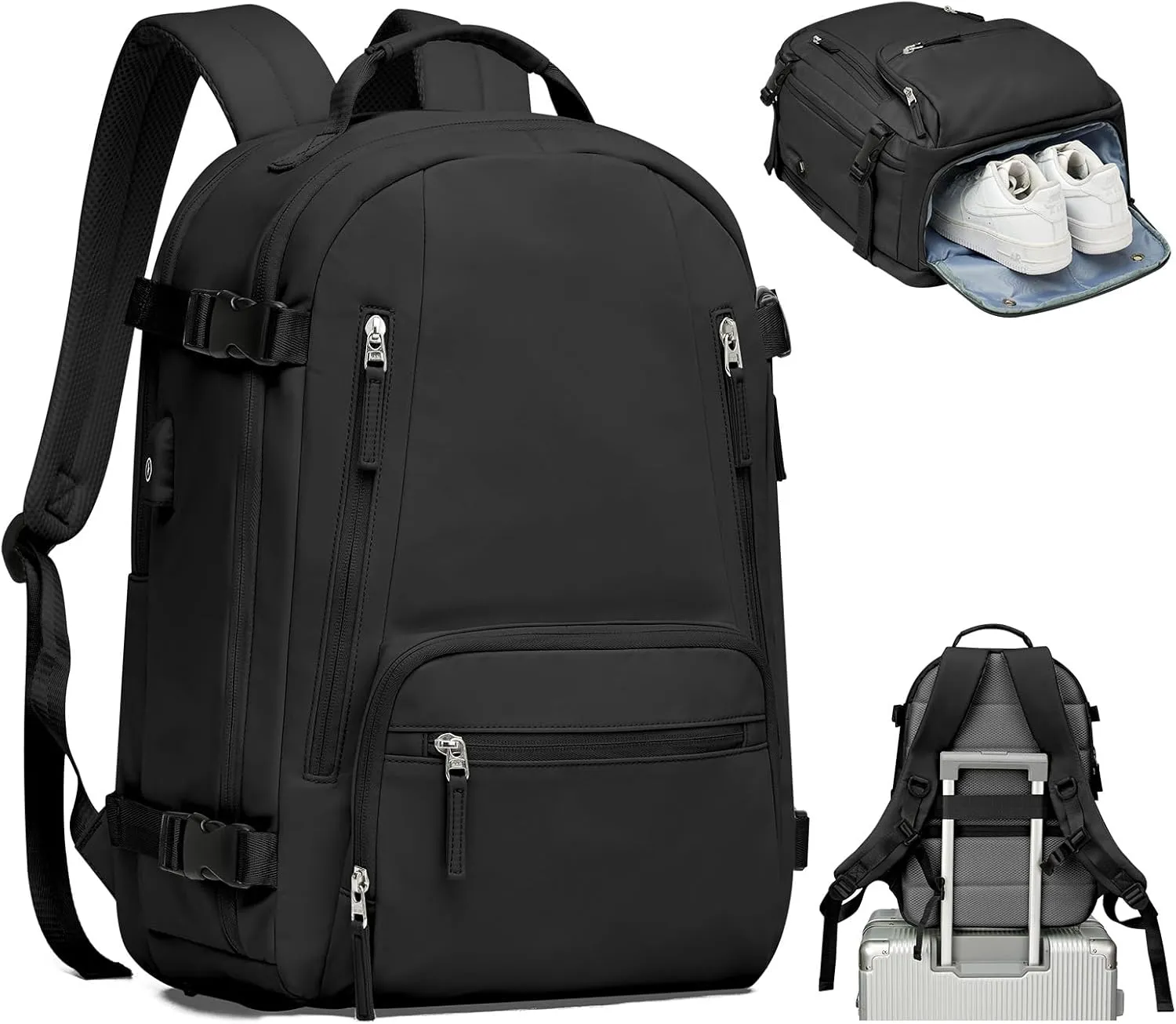 Travel Backpack for Women Men, Carry On Backpack with USB Charging Port & Shoe Pouch, TSA 15.6inch, Flight Approved, College Nurse Bag Casual Laptop Daypack for Weekender Business Hiking,Black 30L