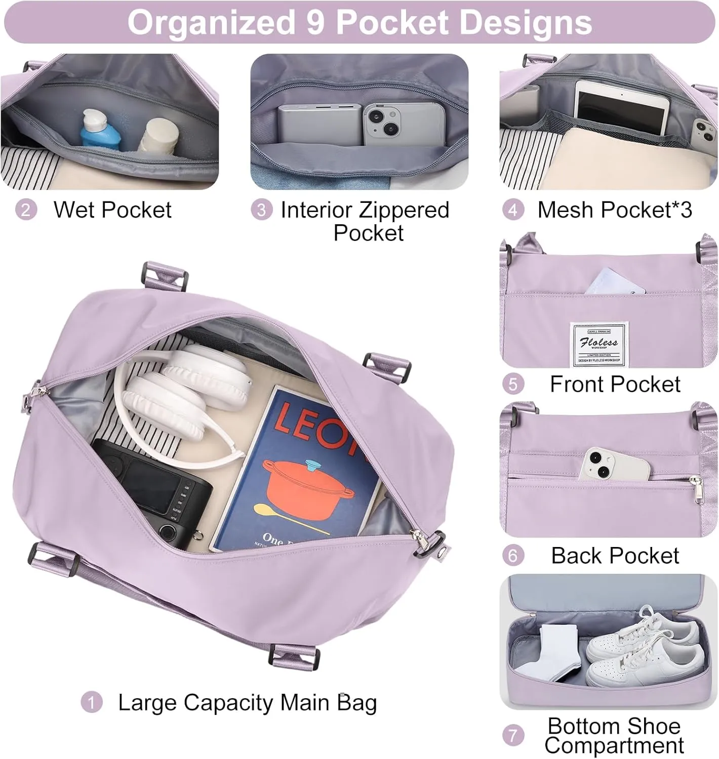 Travel Bag with Shoes Compartment,Weekender Bags for Women Travel,Carry On Duffel Overnight Bag with Trolley Sleeve & Wet Pocket,Travel tote Bag Sports Gym Bag