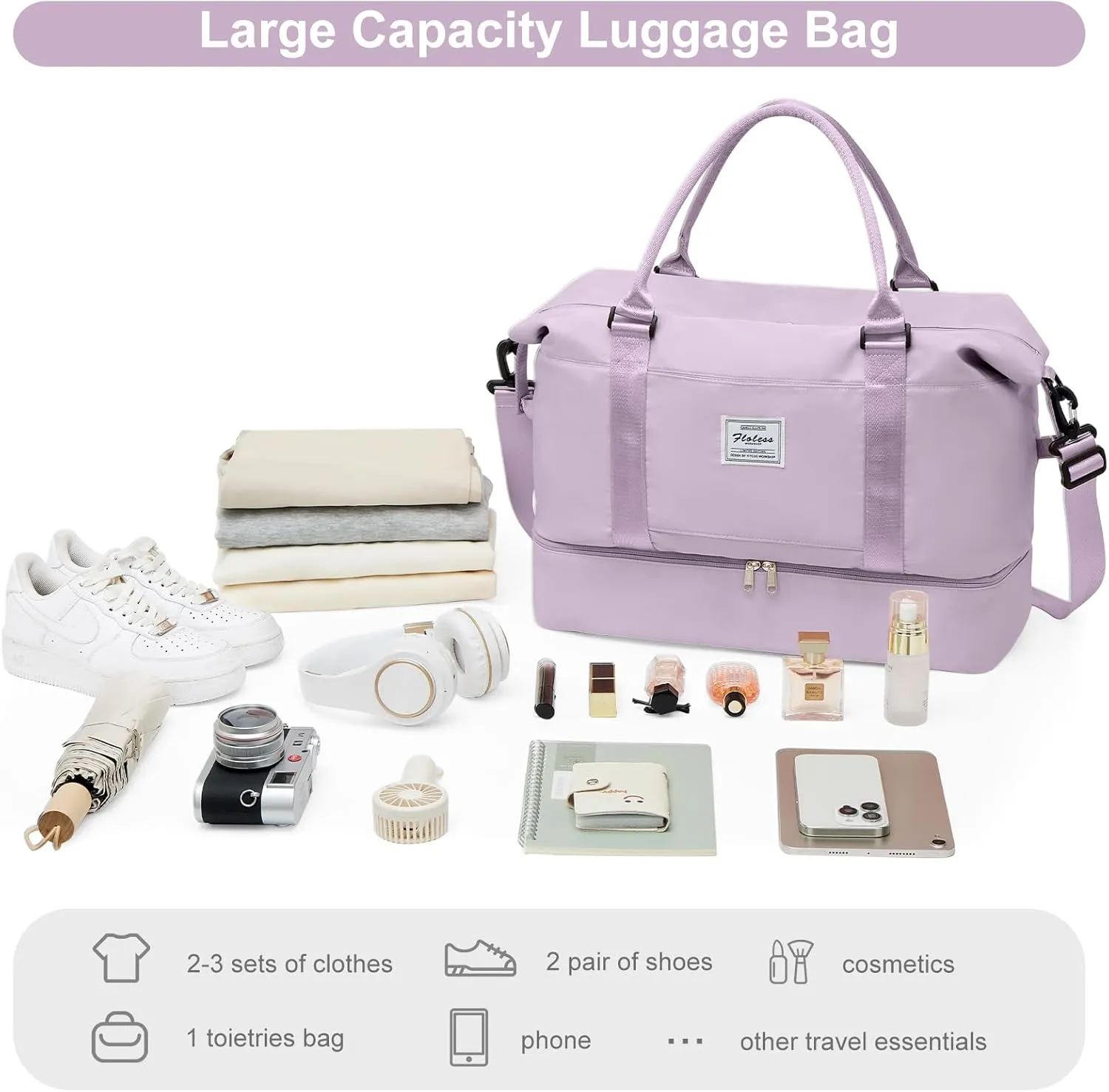 Travel Bag with Shoes Compartment,Weekender Bags for Women Travel,Carry On Duffel Overnight Bag with Trolley Sleeve & Wet Pocket,Travel tote Bag Sports Gym Bag