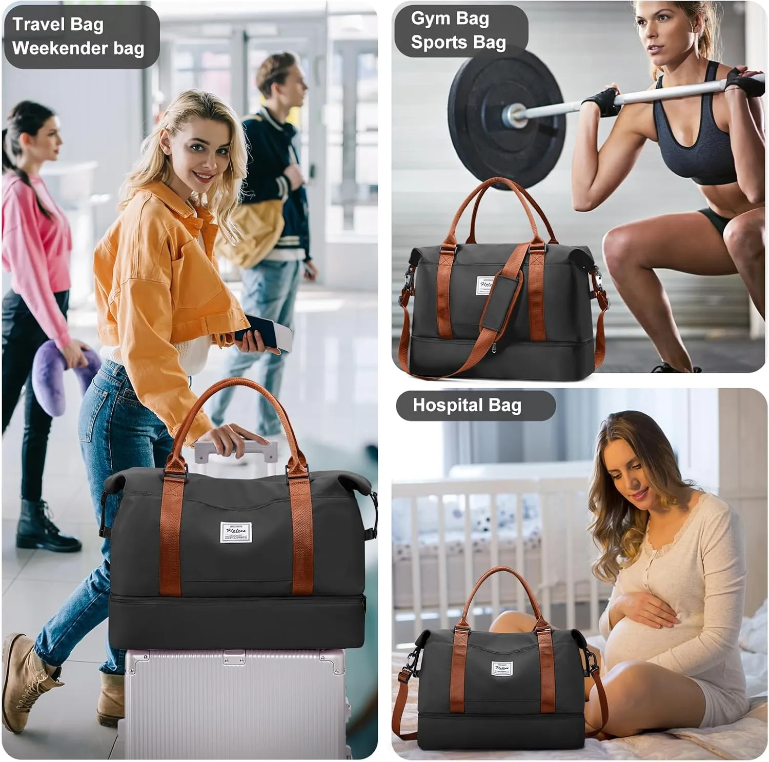 Travel Bag with Shoes Compartment,Weekender Bags for Women Travel,Carry On Duffel Overnight Bag with Trolley Sleeve & Wet Pocket,Travel tote Bag Sports Gym Bag