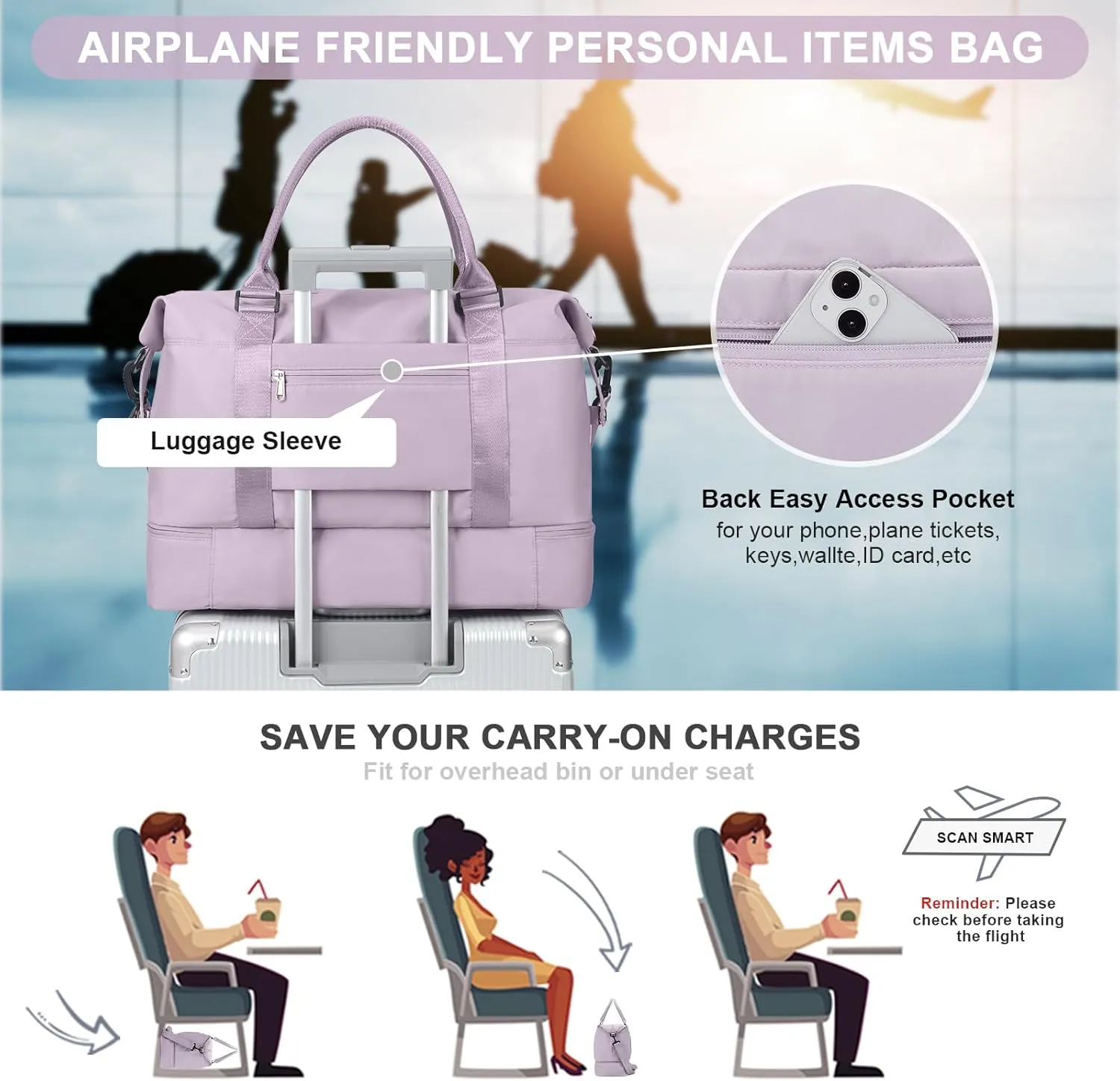 Travel Bag with Shoes Compartment,Weekender Bags for Women Travel,Carry On Duffel Overnight Bag with Trolley Sleeve & Wet Pocket,Travel tote Bag Sports Gym Bag