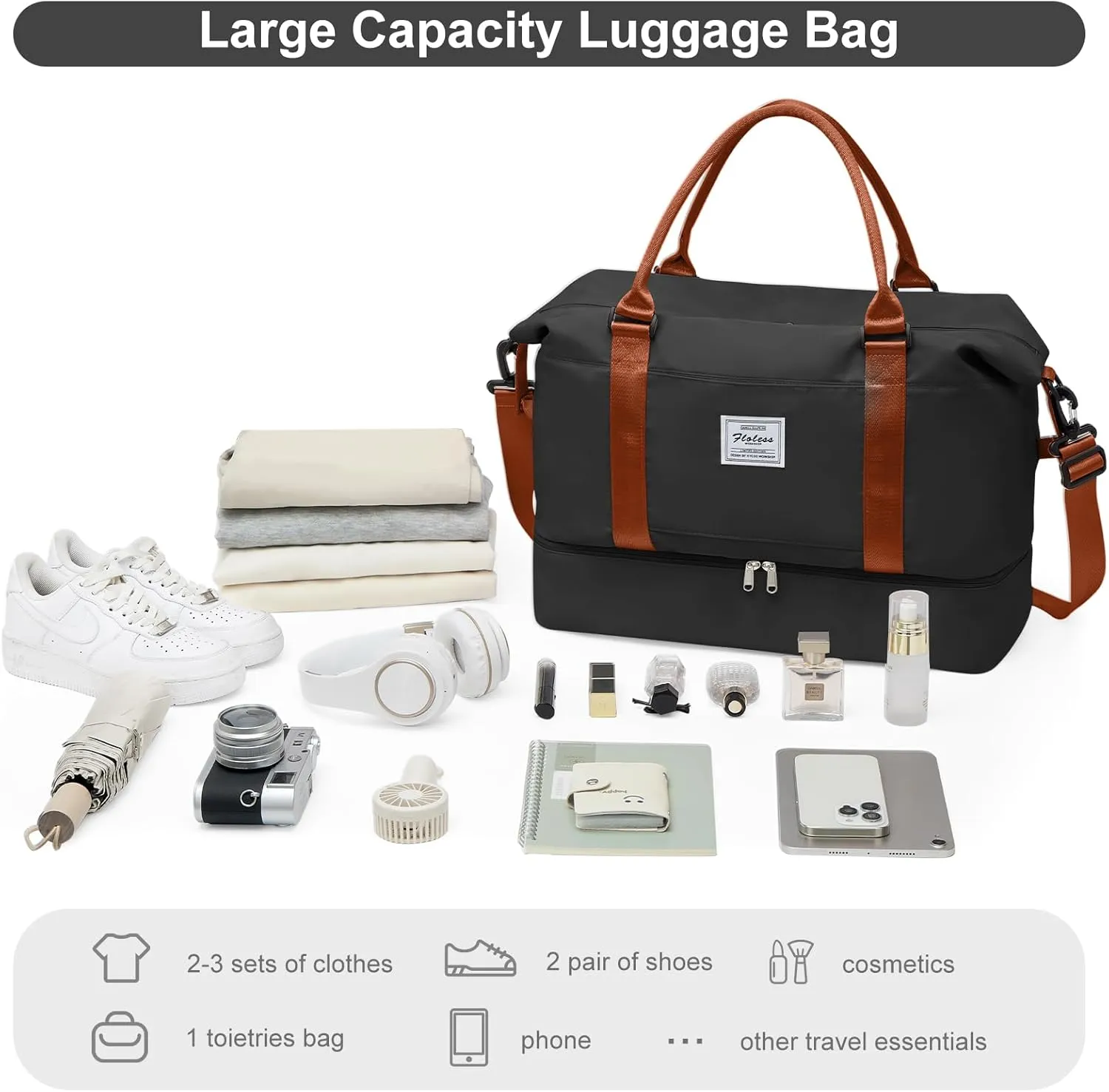 Travel Bag with Shoes Compartment,Weekender Bags for Women Travel,Carry On Duffel Overnight Bag with Trolley Sleeve & Wet Pocket,Travel tote Bag Sports Gym Bag