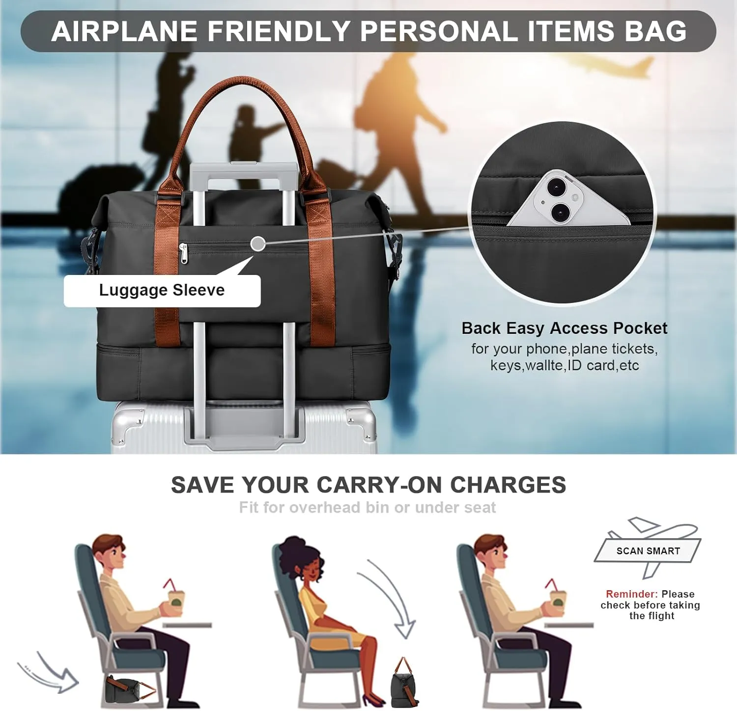 Travel Bag with Shoes Compartment,Weekender Bags for Women Travel,Carry On Duffel Overnight Bag with Trolley Sleeve & Wet Pocket,Travel tote Bag Sports Gym Bag