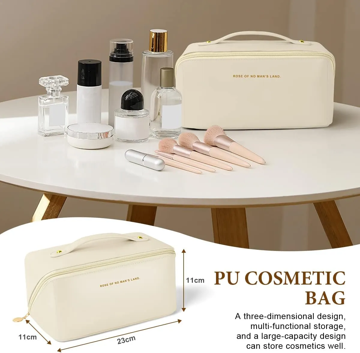 Travel Cosmetic Bag for Women, Large Capacity Layered Storage Makeup Bag, with Handle Portable Travel Organizer, Waterproof Multifunctional Bag, PU Leather Cosmetic Bag (White)