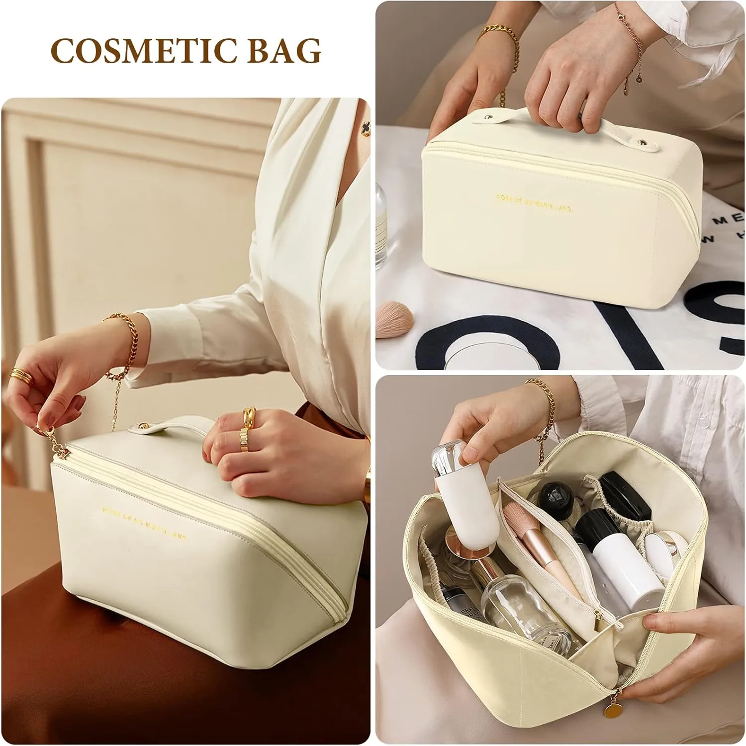 Travel Cosmetic Bag for Women, Large Capacity Layered Storage Makeup Bag, with Handle Portable Travel Organizer, Waterproof Multifunctional Bag, PU Leather Cosmetic Bag (White)