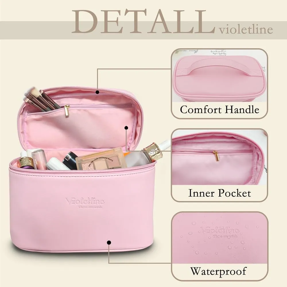 Travel Cosmetic Bag for Women, PU Leather Cosmetic Bag Set of 2, Waterproof, Large Makeup Bag with Handle (Light pink makeup bag)