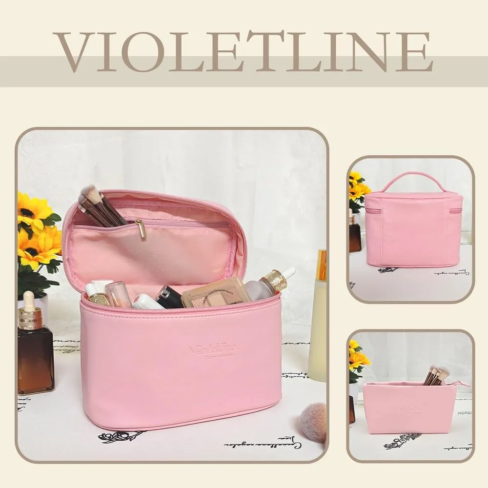 Travel Cosmetic Bag for Women, PU Leather Cosmetic Bag Set of 2, Waterproof, Large Makeup Bag with Handle (Light pink makeup bag)
