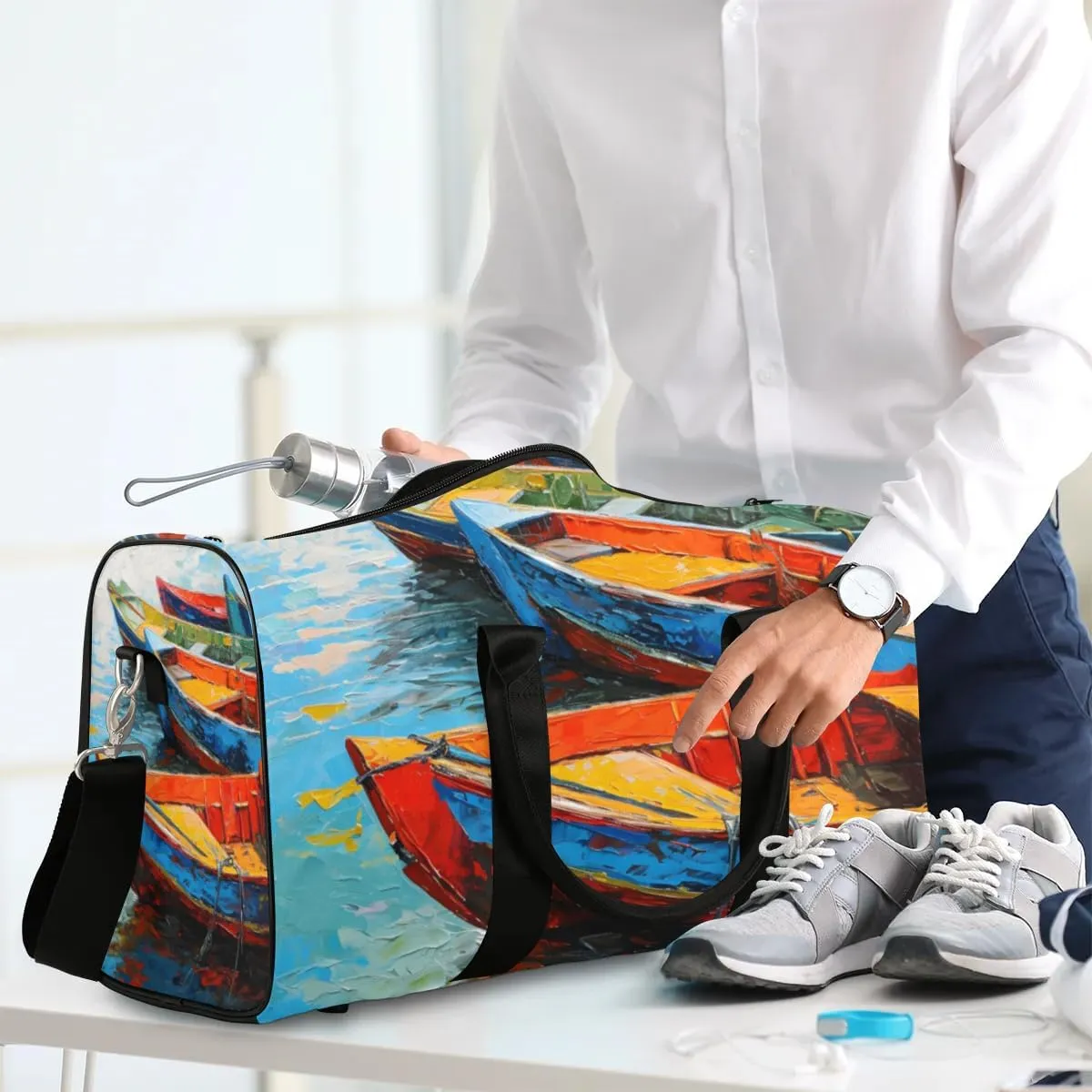 Travel Duffel Bag, Boat Oil Painting Sports Tote Gym Bag Foldable Western Aztec Weekender Bag Carry on Luggage Handle Bag Overnight Shoulder Bag for Women Men,A-1076
