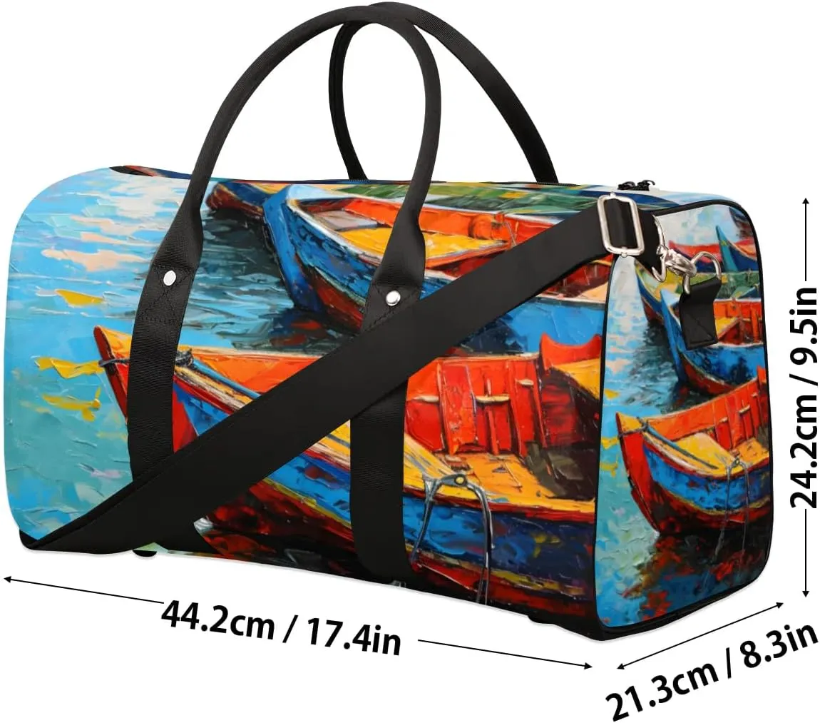 Travel Duffel Bag, Boat Oil Painting Sports Tote Gym Bag Foldable Western Aztec Weekender Bag Carry on Luggage Handle Bag Overnight Shoulder Bag for Women Men,A-1076
