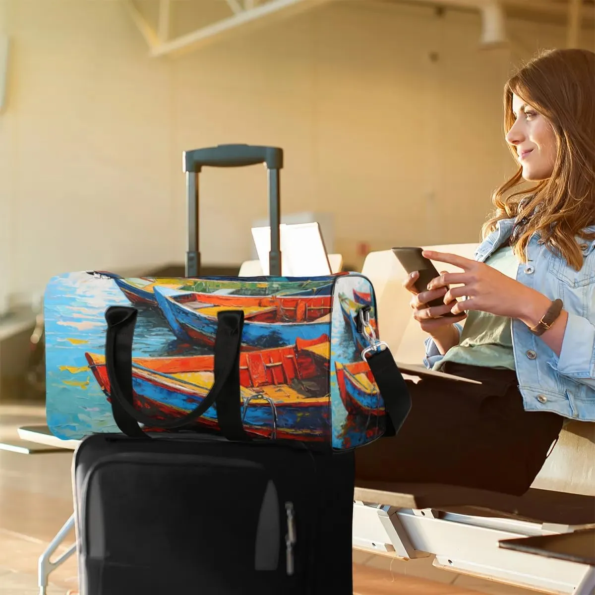 Travel Duffel Bag, Boat Oil Painting Sports Tote Gym Bag Foldable Western Aztec Weekender Bag Carry on Luggage Handle Bag Overnight Shoulder Bag for Women Men,A-1076