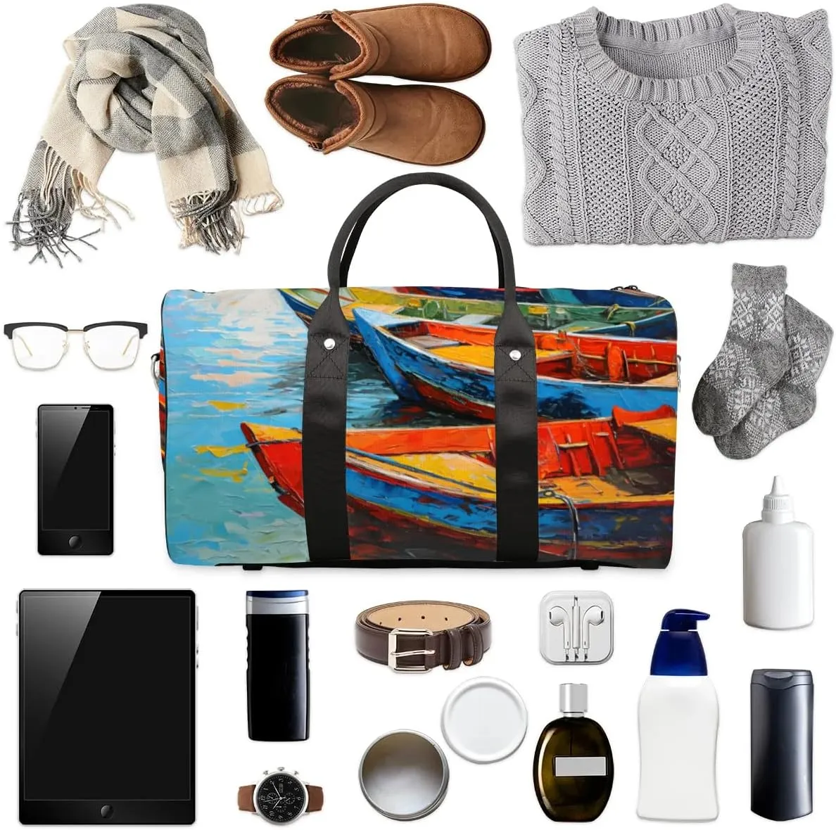 Travel Duffel Bag, Boat Oil Painting Sports Tote Gym Bag Foldable Western Aztec Weekender Bag Carry on Luggage Handle Bag Overnight Shoulder Bag for Women Men,A-1076