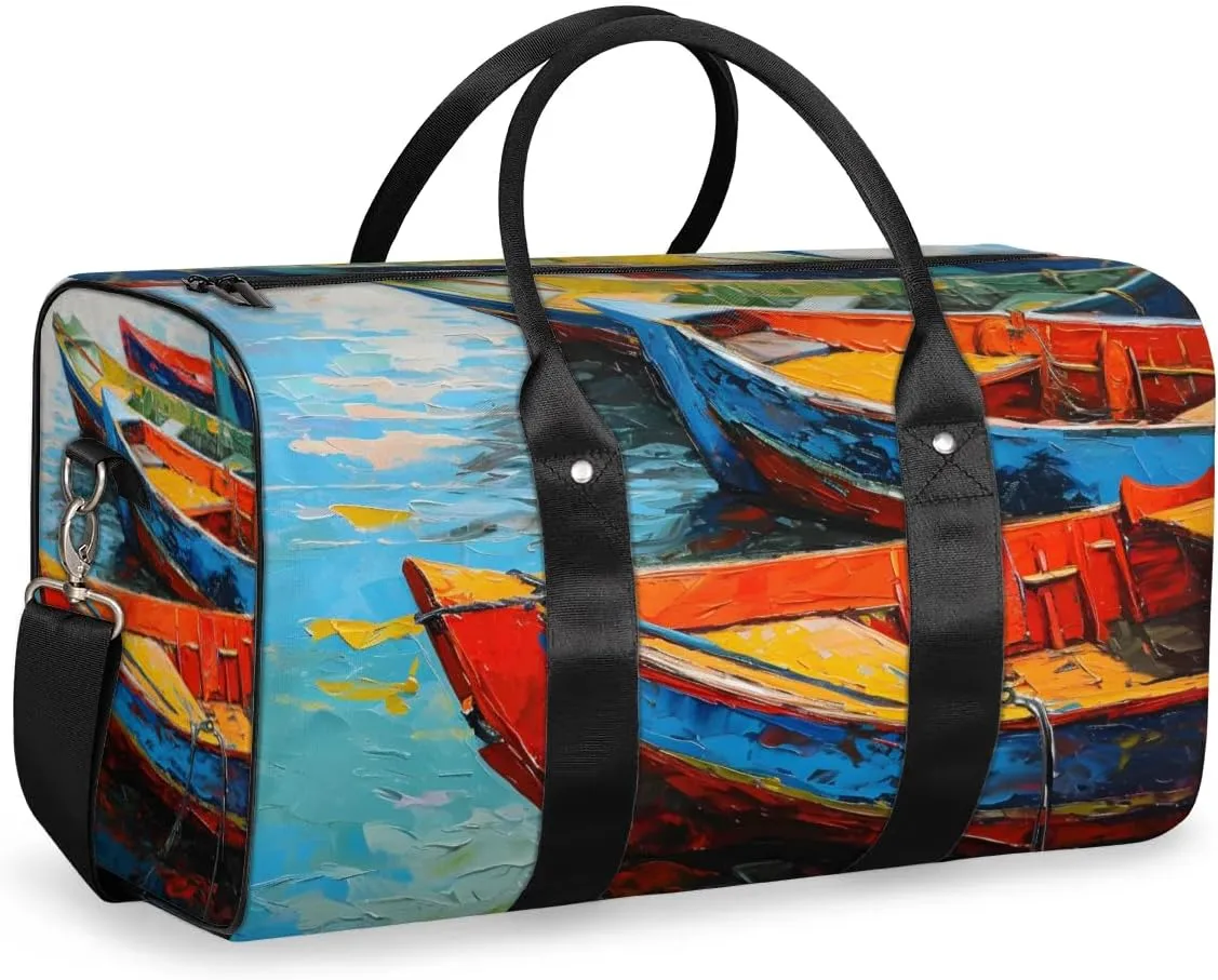 Travel Duffel Bag, Boat Oil Painting Sports Tote Gym Bag Foldable Western Aztec Weekender Bag Carry on Luggage Handle Bag Overnight Shoulder Bag for Women Men,A-1076