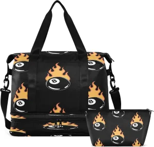 Travel Duffel Bag Flaming Billiard Weekender Overnight Bag for Women Men With Shoe Compartments 8 Ball Color Sports Tote Gym Bag with Wet Pocket for Travel Sport Yoga 17 Inch