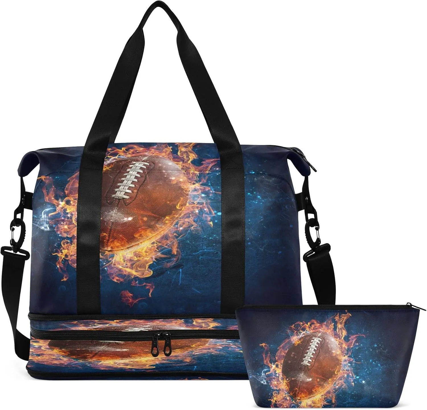 Travel Duffel Bag Flaming Football Weekender Overnight Bag for Women Men With Shoe Compartments Sports Tote Gym Bag with Wet Pocket for Travel Sport Yoga 17 Inch