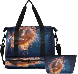 Travel Duffel Bag Flaming Football Weekender Overnight Bag for Women Men With Shoe Compartments Sports Tote Gym Bag with Wet Pocket for Travel Sport Yoga 17 Inch