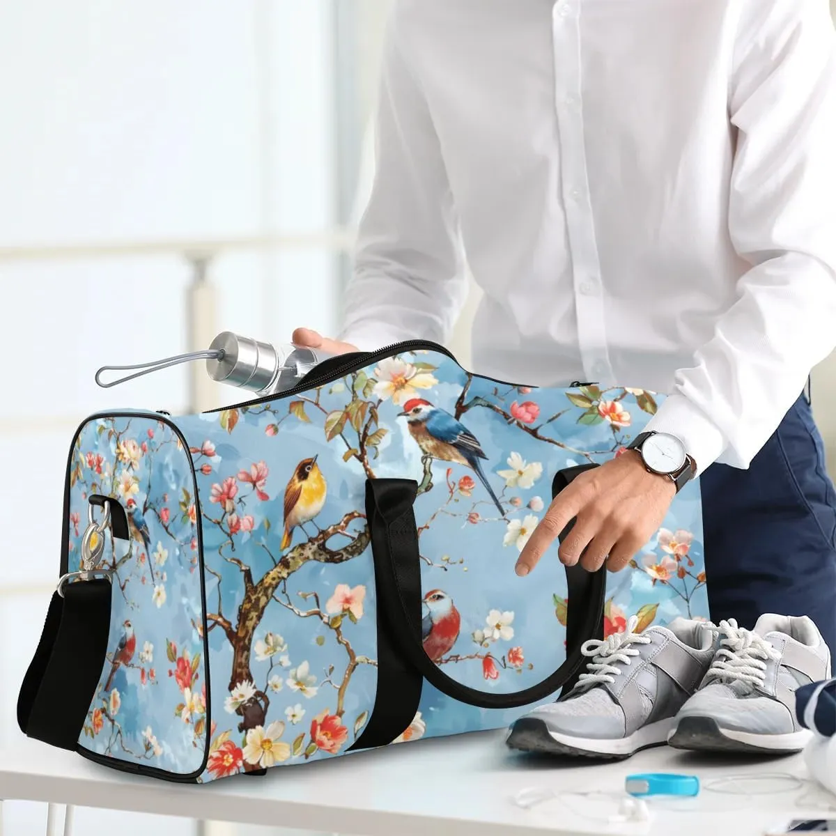 Travel Duffel Bag, Flower Tree Bird Sports Tote Gym Bag Foldable Western Aztec Weekender Bag Carry on Luggage Handle Bag Overnight Shoulder Bag for Women Men,A-1855