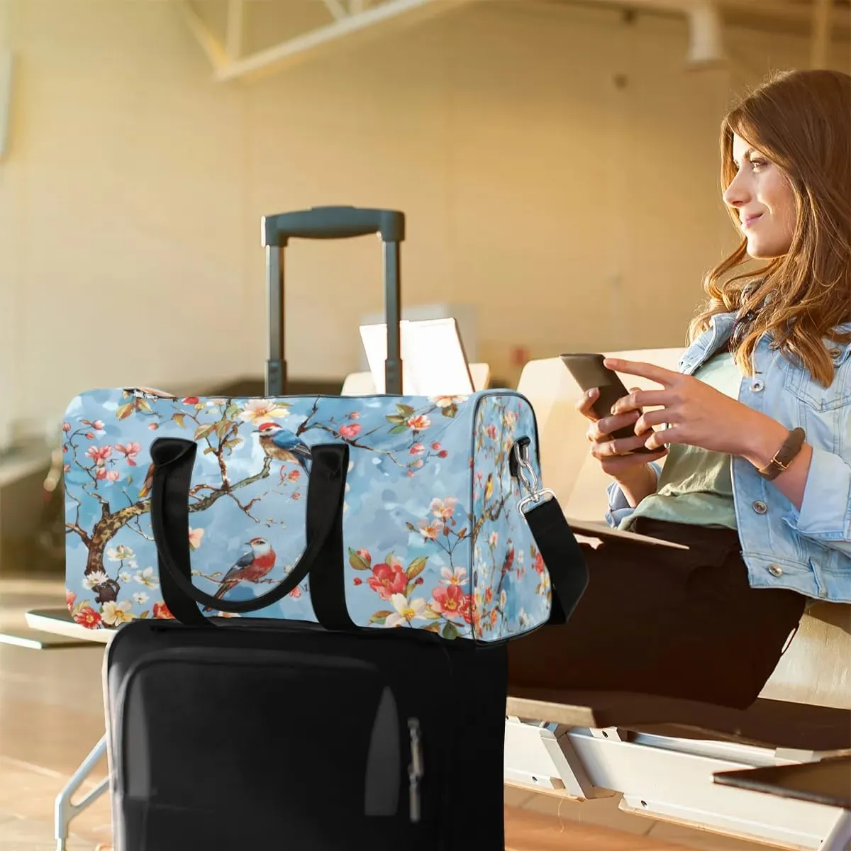 Travel Duffel Bag, Flower Tree Bird Sports Tote Gym Bag Foldable Western Aztec Weekender Bag Carry on Luggage Handle Bag Overnight Shoulder Bag for Women Men,A-1855