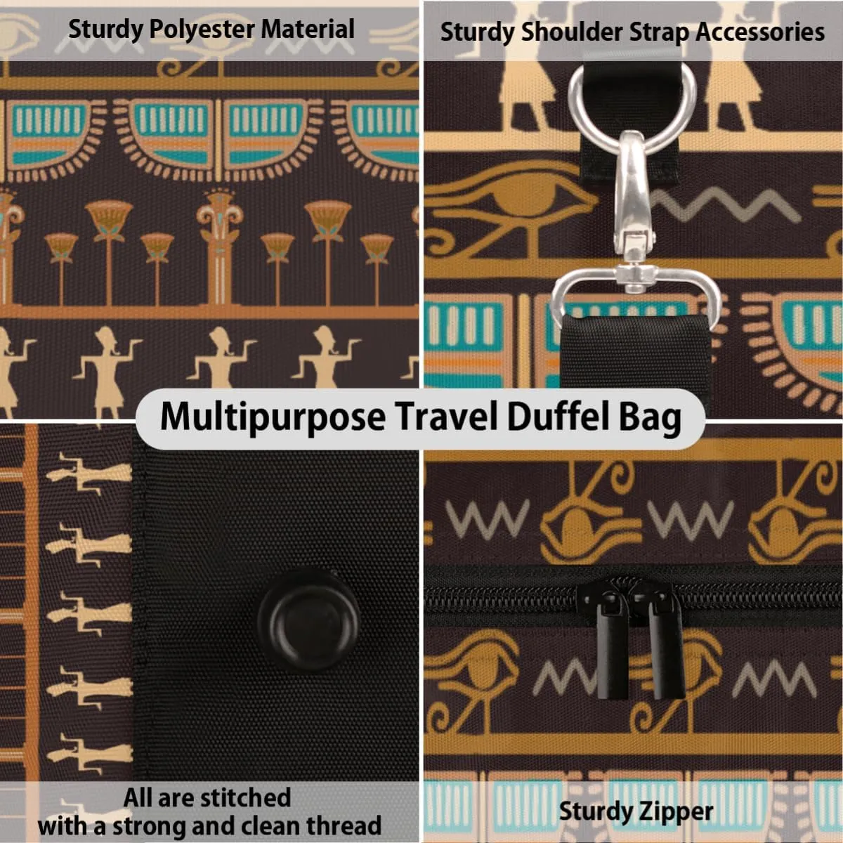 Travel Duffel Bag for Men & Women, African Egyptian Theme Foldable Sports Gym Bag Tote Bag with Adjustable Shoulder Straps Overnight Weekender Carry On Bag for Workout, Yoga, Swimming