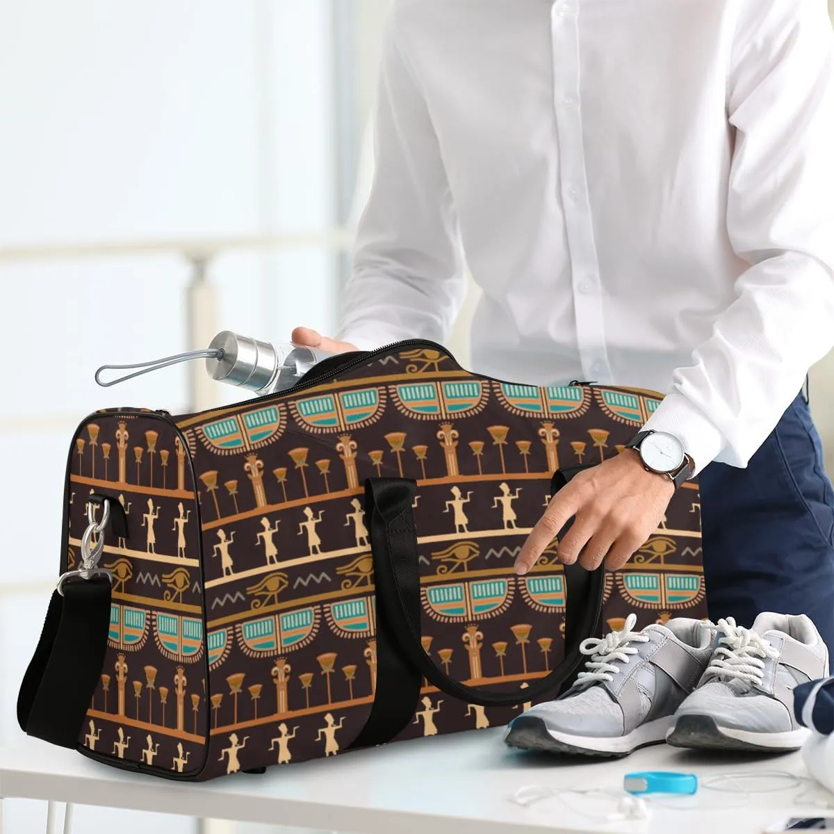Travel Duffel Bag for Men & Women, African Egyptian Theme Foldable Sports Gym Bag Tote Bag with Adjustable Shoulder Straps Overnight Weekender Carry On Bag for Workout, Yoga, Swimming