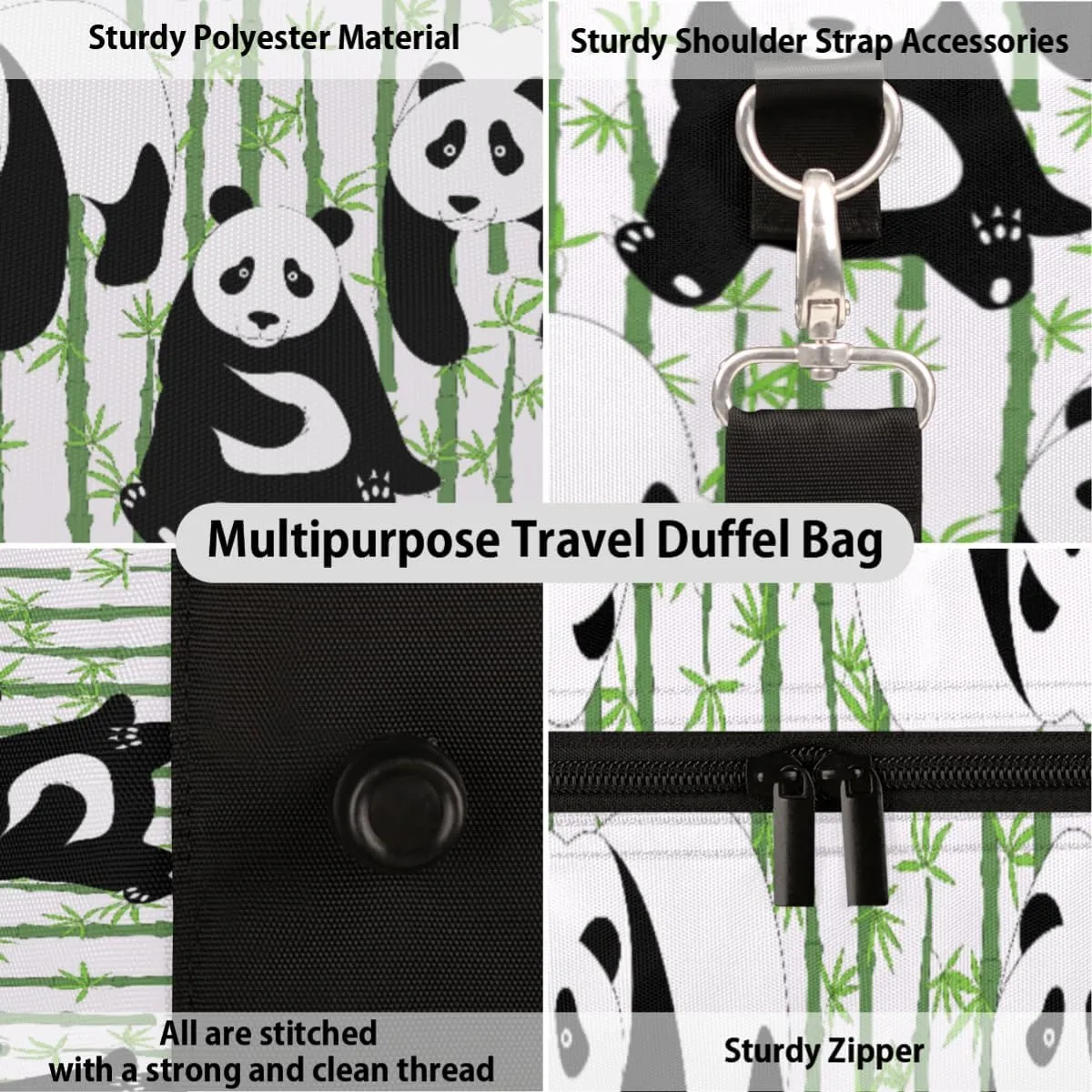 Travel Duffel Bag for Men & Women, Cute Panda Animals Foldable Sports Gym Bag Tote Bag with Adjustable Shoulder Straps Overnight Weekender Carry On Bag for Workout, Yoga, Swimming
