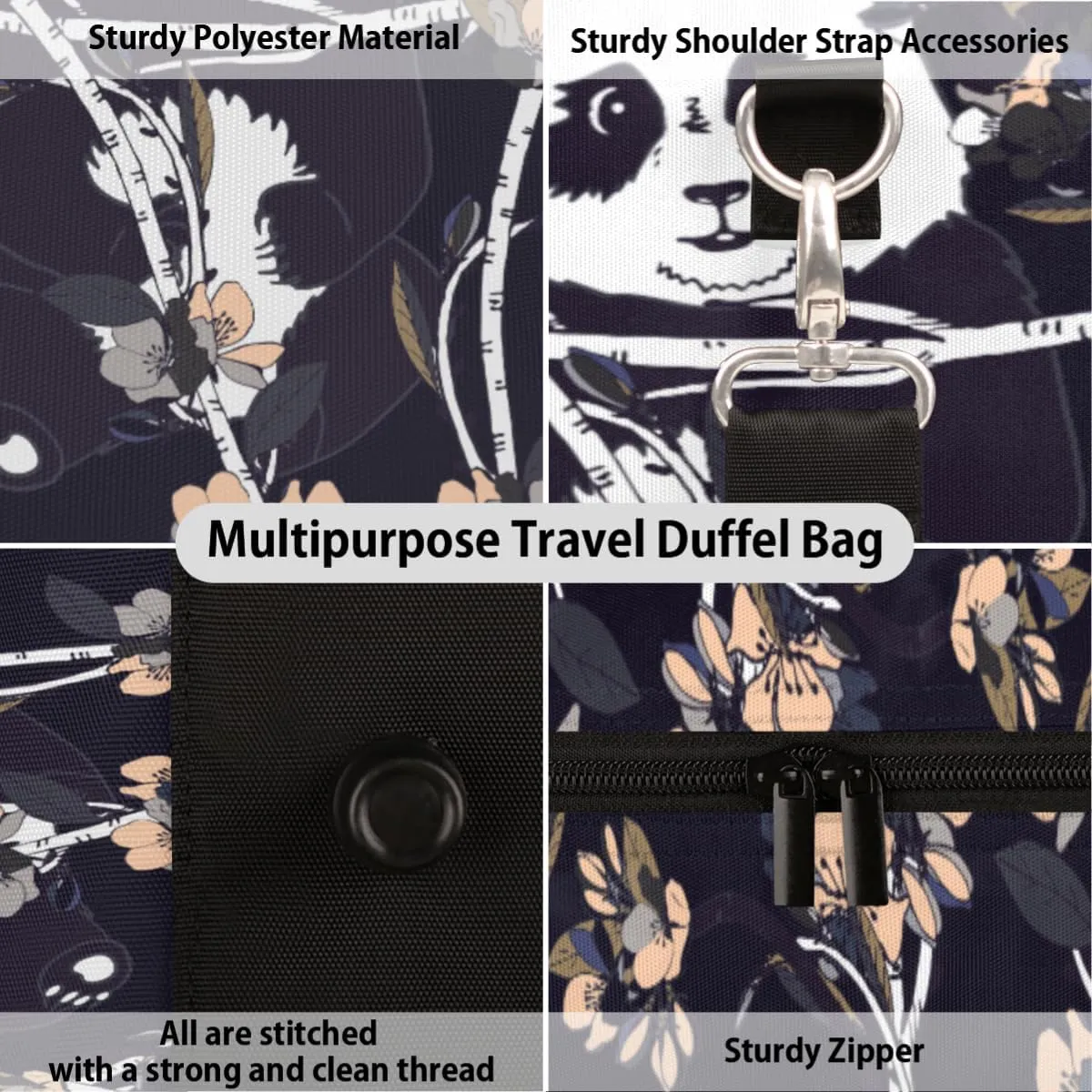 Travel Duffel Bag for Men & Women, Cute Panda Foldable Sports Gym Bag Tote Bag with Adjustable Shoulder Straps Overnight Weekender Carry On Bag for Workout, Yoga, Swimming