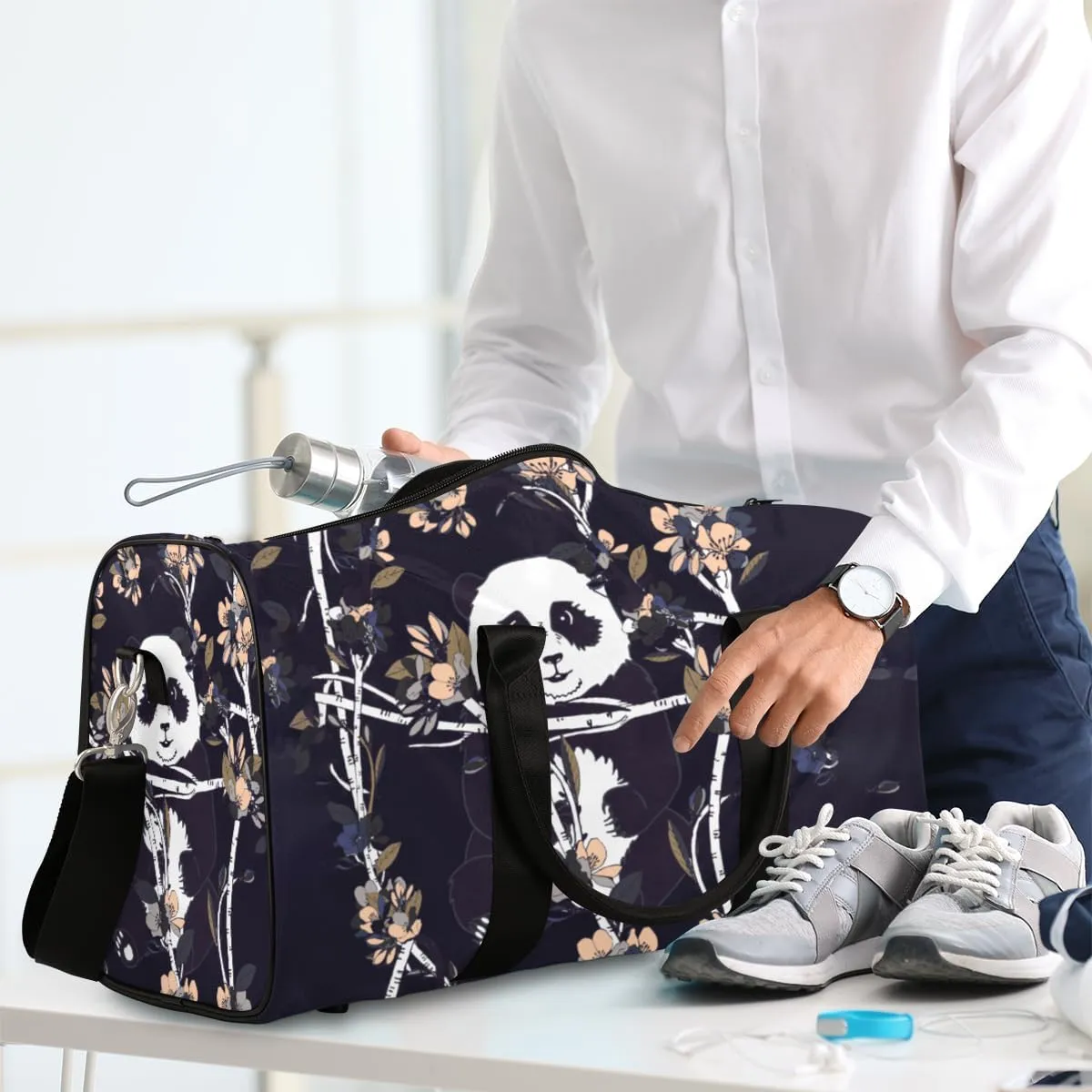 Travel Duffel Bag for Men & Women, Cute Panda Foldable Sports Gym Bag Tote Bag with Adjustable Shoulder Straps Overnight Weekender Carry On Bag for Workout, Yoga, Swimming