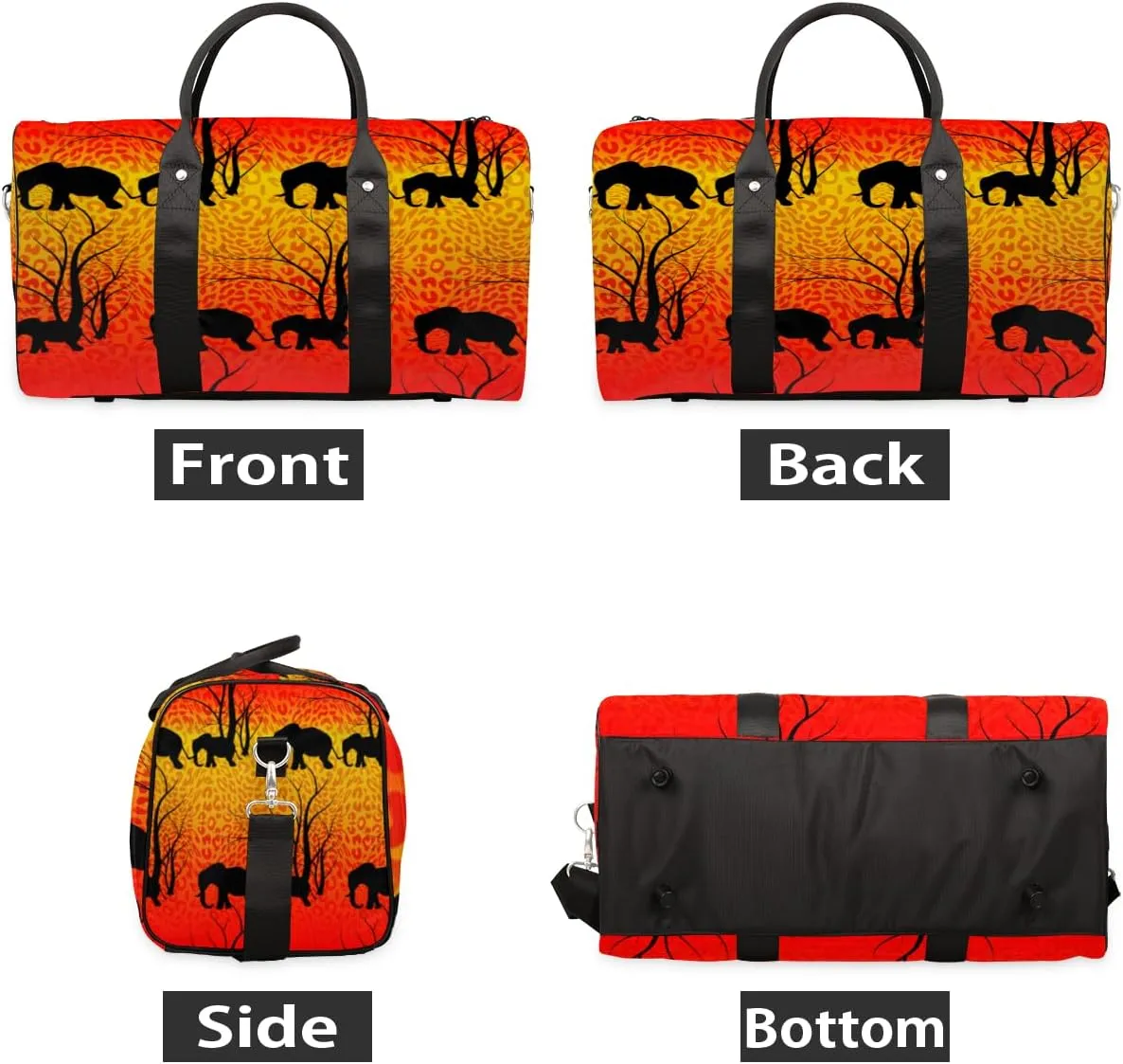 Travel Duffel Bag for Men & Women, Elephant Silhouette Leopard Print Foldable Sports Gym Bag Tote Bag with Adjustable Shoulder Straps Overnight Weekender Carry On Bag for Workout, Yoga, Swimming