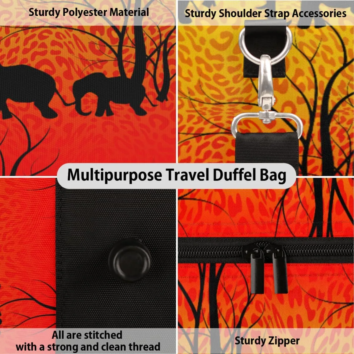 Travel Duffel Bag for Men & Women, Elephant Silhouette Leopard Print Foldable Sports Gym Bag Tote Bag with Adjustable Shoulder Straps Overnight Weekender Carry On Bag for Workout, Yoga, Swimming