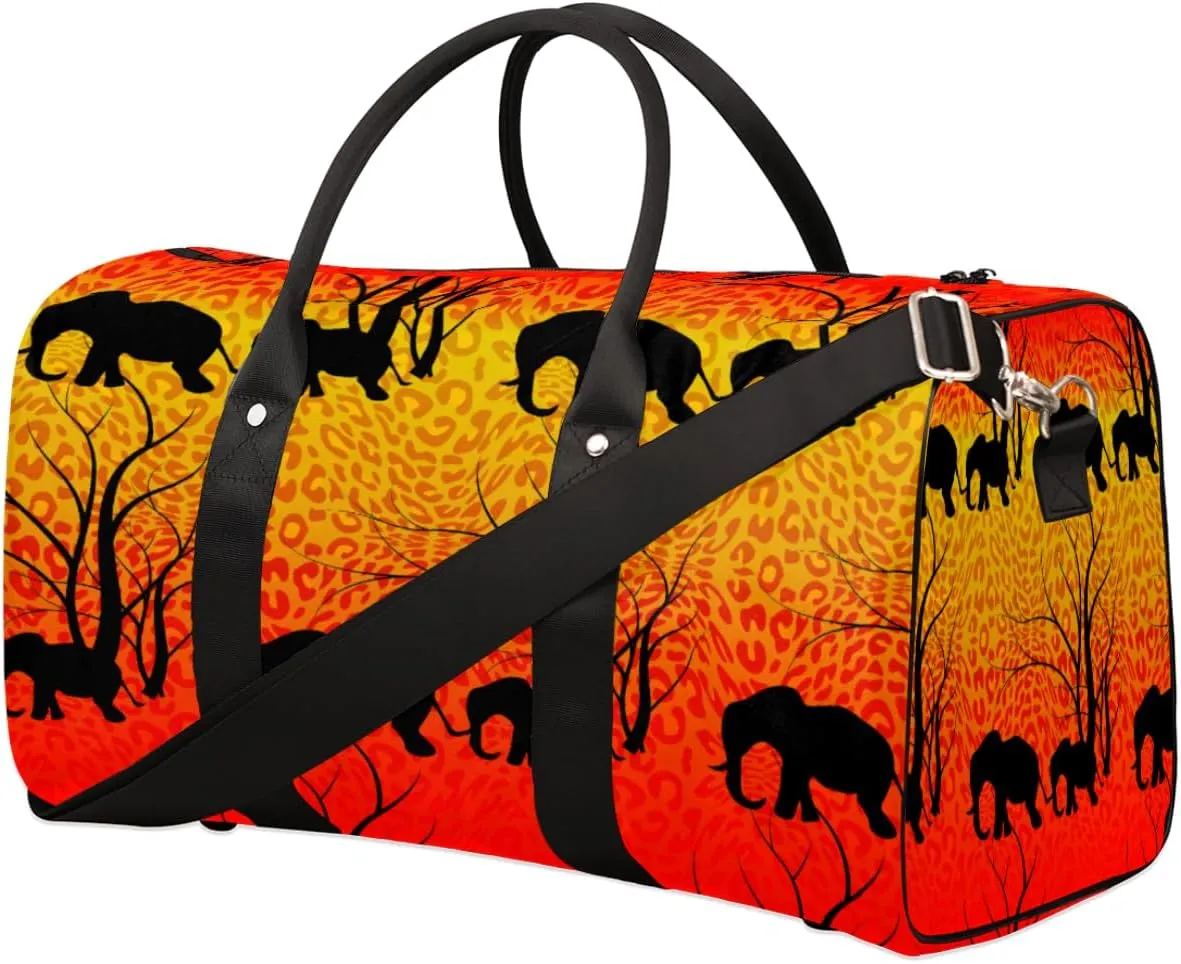Travel Duffel Bag for Men & Women, Elephant Silhouette Leopard Print Foldable Sports Gym Bag Tote Bag with Adjustable Shoulder Straps Overnight Weekender Carry On Bag for Workout, Yoga, Swimming