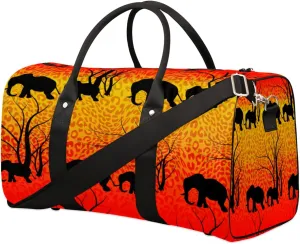 Travel Duffel Bag for Men & Women, Elephant Silhouette Leopard Print Foldable Sports Gym Bag Tote Bag with Adjustable Shoulder Straps Overnight Weekender Carry On Bag for Workout, Yoga, Swimming