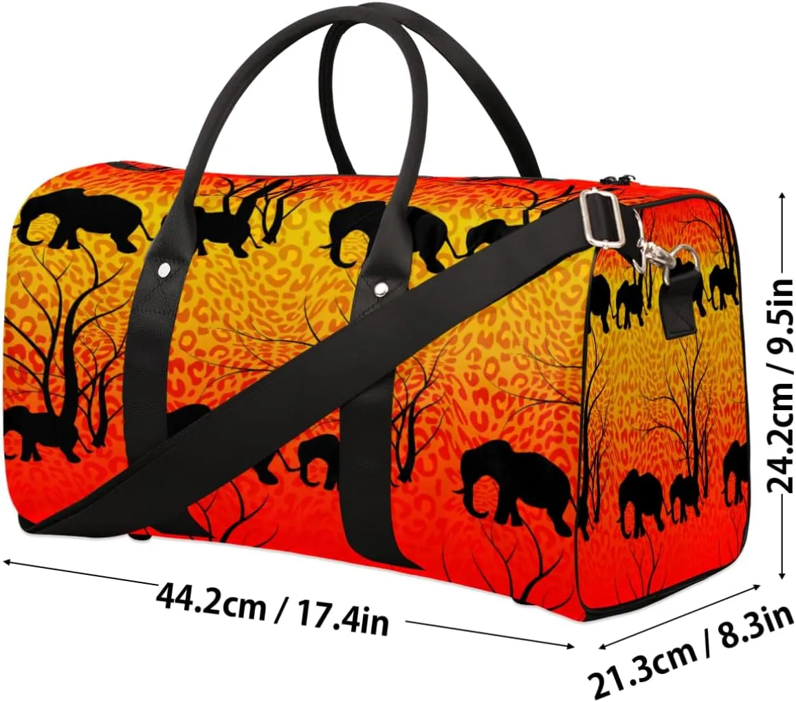 Travel Duffel Bag for Men & Women, Elephant Silhouette Leopard Print Foldable Sports Gym Bag Tote Bag with Adjustable Shoulder Straps Overnight Weekender Carry On Bag for Workout, Yoga, Swimming