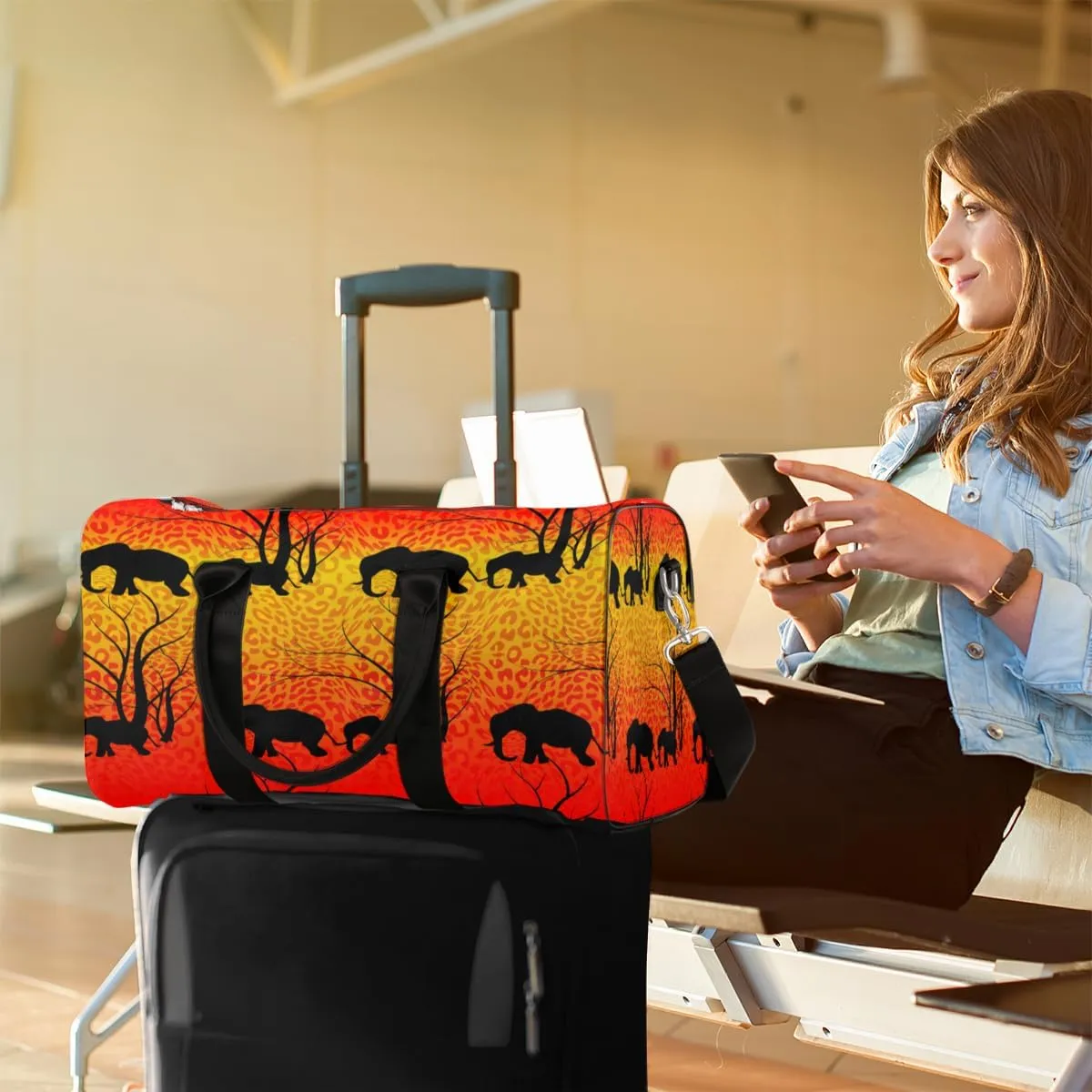 Travel Duffel Bag for Men & Women, Elephant Silhouette Leopard Print Foldable Sports Gym Bag Tote Bag with Adjustable Shoulder Straps Overnight Weekender Carry On Bag for Workout, Yoga, Swimming