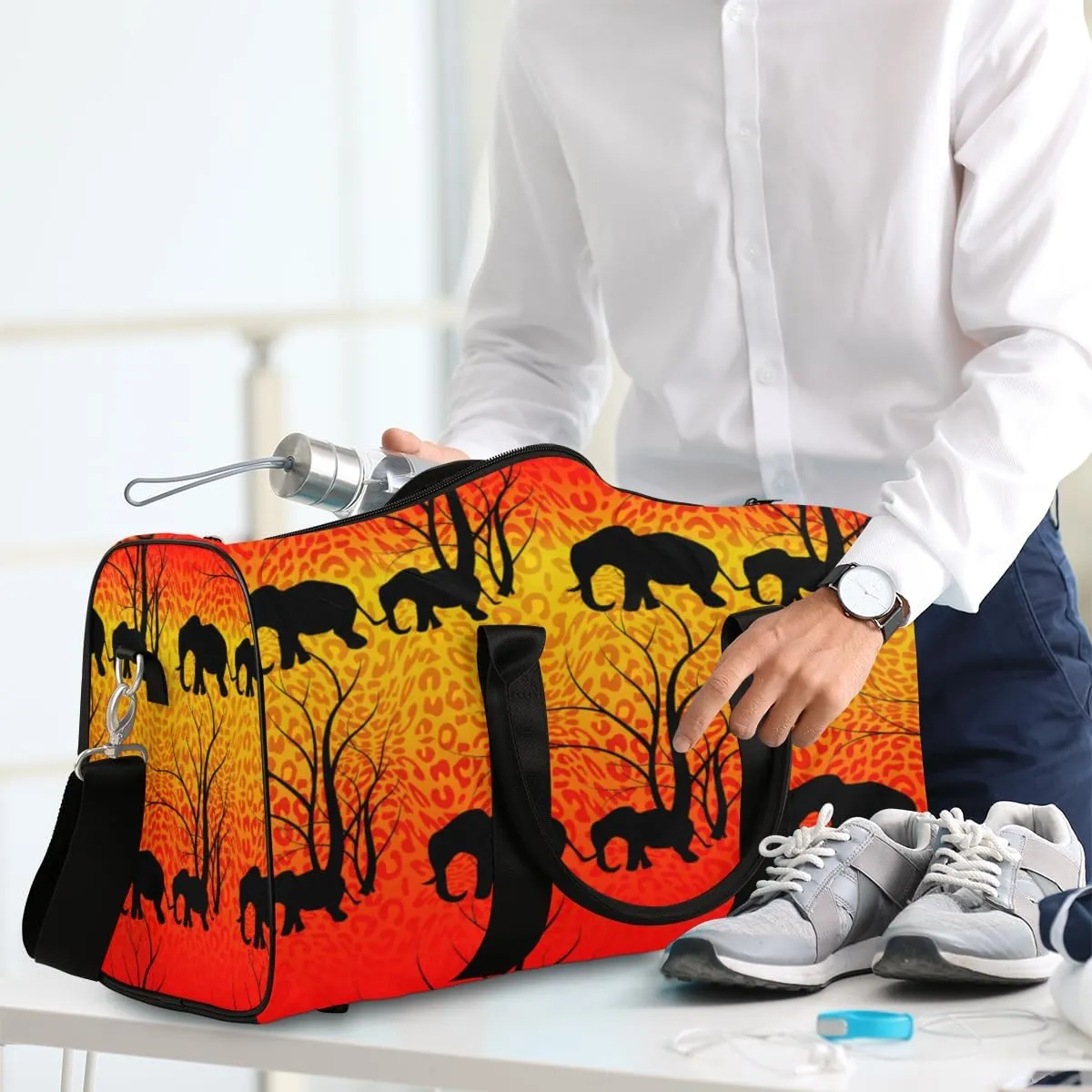 Travel Duffel Bag for Men & Women, Elephant Silhouette Leopard Print Foldable Sports Gym Bag Tote Bag with Adjustable Shoulder Straps Overnight Weekender Carry On Bag for Workout, Yoga, Swimming