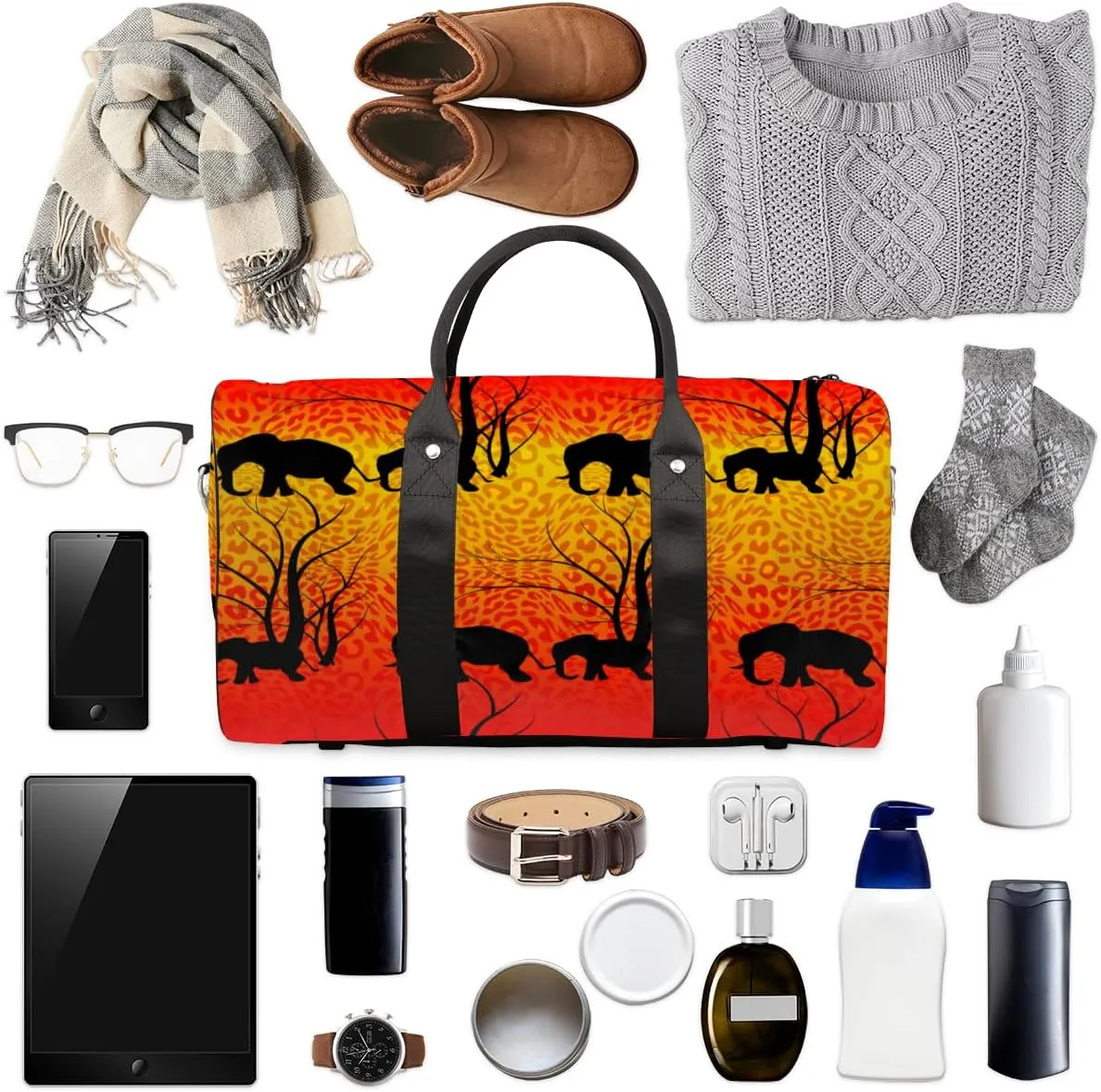 Travel Duffel Bag for Men & Women, Elephant Silhouette Leopard Print Foldable Sports Gym Bag Tote Bag with Adjustable Shoulder Straps Overnight Weekender Carry On Bag for Workout, Yoga, Swimming