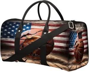 Travel Duffel Bag for Men & Women, Foldable Sports Gym Bag Tote Bag with Adjustable Shoulder Straps,Basketball American Flag Wooden Board Overnight Weekender Carry On Bag for Workout, Yoga, Swimming