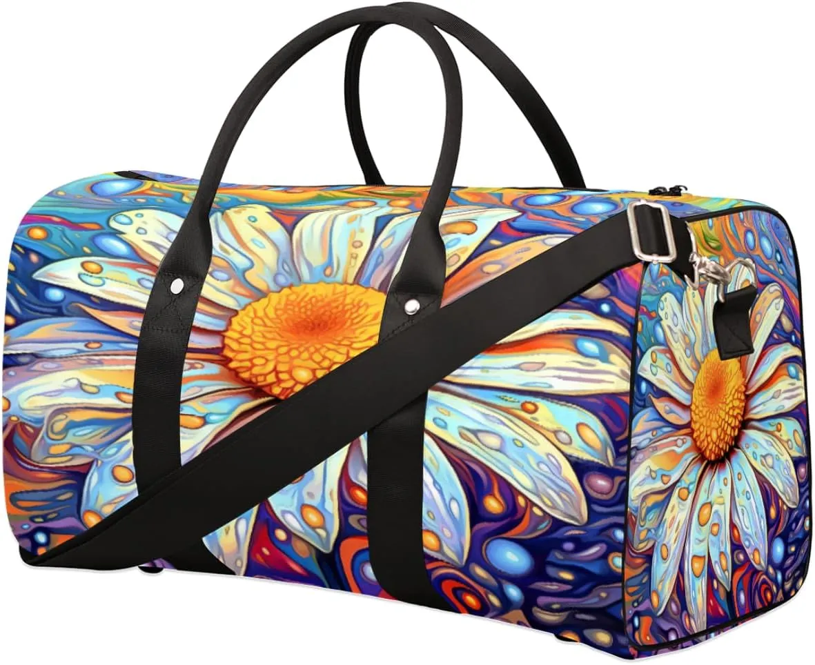 Travel Duffel Bag for Men & Women, Foldable Sports Gym Bag Tote Bag with Adjustable Shoulder Straps,Beautiful Daisy Flower Illustration Overnight Weekender Carry On Bag for Workout, Yoga, Swimming
