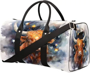 Travel Duffel Bag for Men & Women, Foldable Sports Gym Bag Tote Bag with Adjustable Shoulder Straps,Cattle Stars Watercolor Overnight Weekender Carry On Bag for Workout, Yoga, Swimming