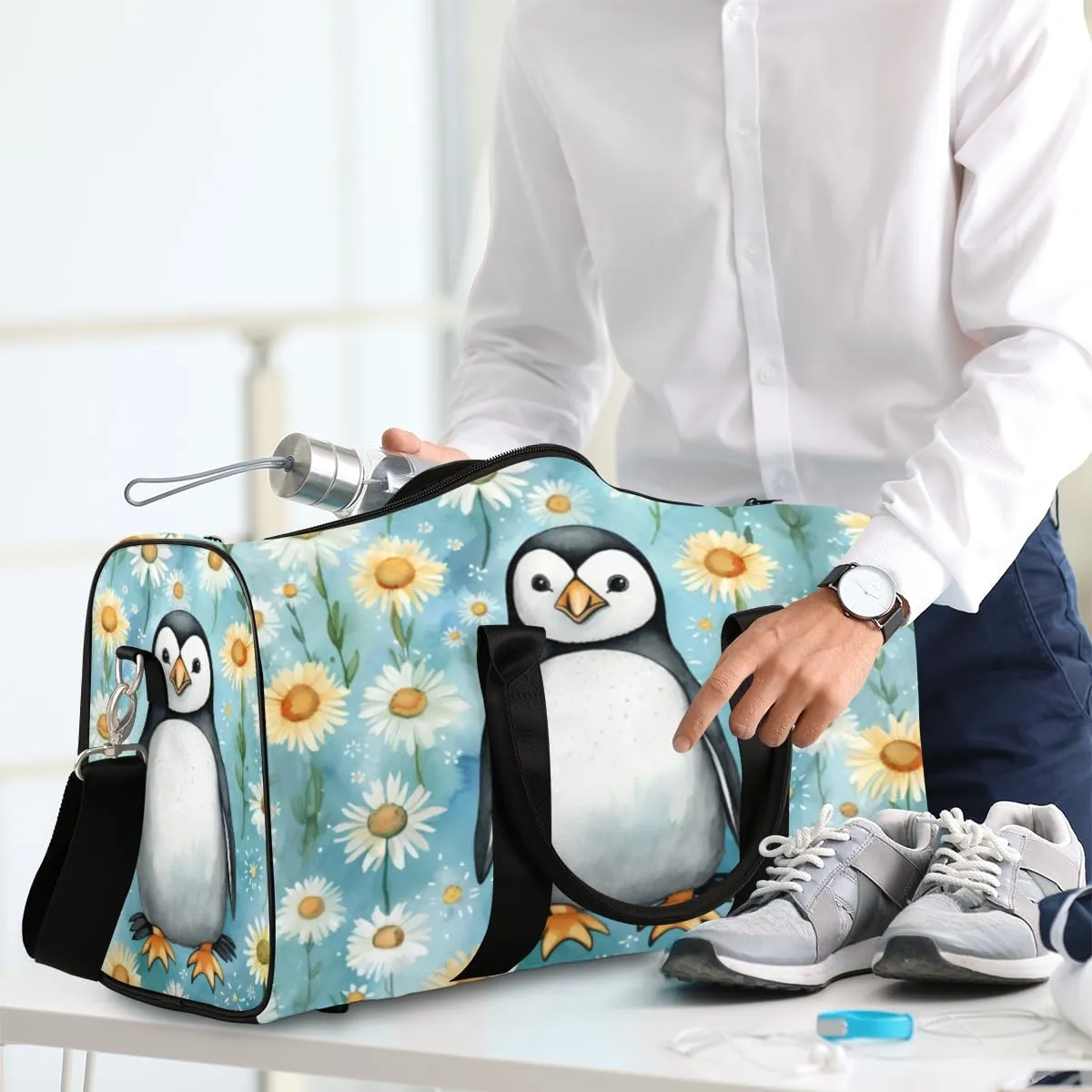 Travel Duffel Bag for Men & Women, Foldable Sports Gym Bag Tote Bag with Adjustable Shoulder Straps,Cute Penguin Daisy Print Overnight Weekender Carry On Bag for Workout, Yoga, Swimming