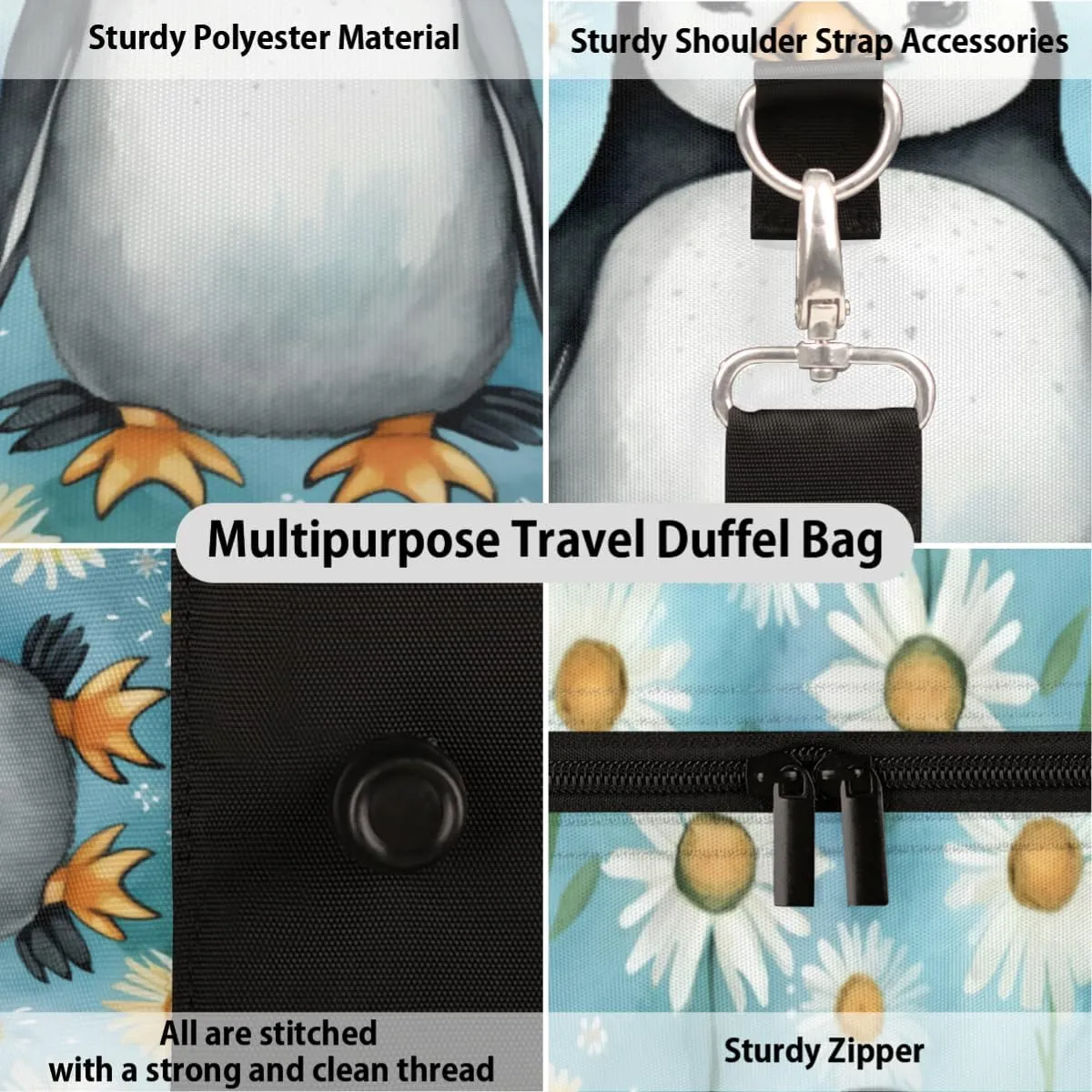 Travel Duffel Bag for Men & Women, Foldable Sports Gym Bag Tote Bag with Adjustable Shoulder Straps,Cute Penguin Daisy Print Overnight Weekender Carry On Bag for Workout, Yoga, Swimming